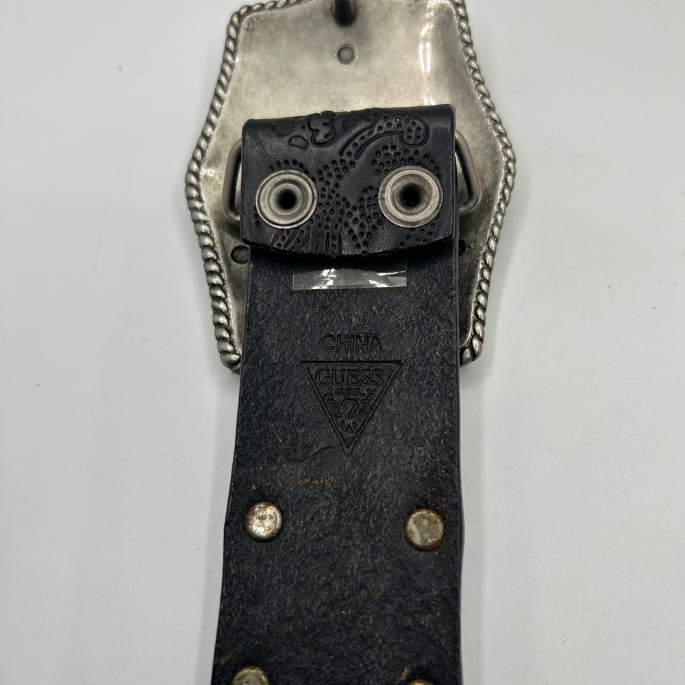 Guess Belt Mens 40 Black Good Leather Western Star Trophy Buckle Studded Paisley - Picture 3 of 6